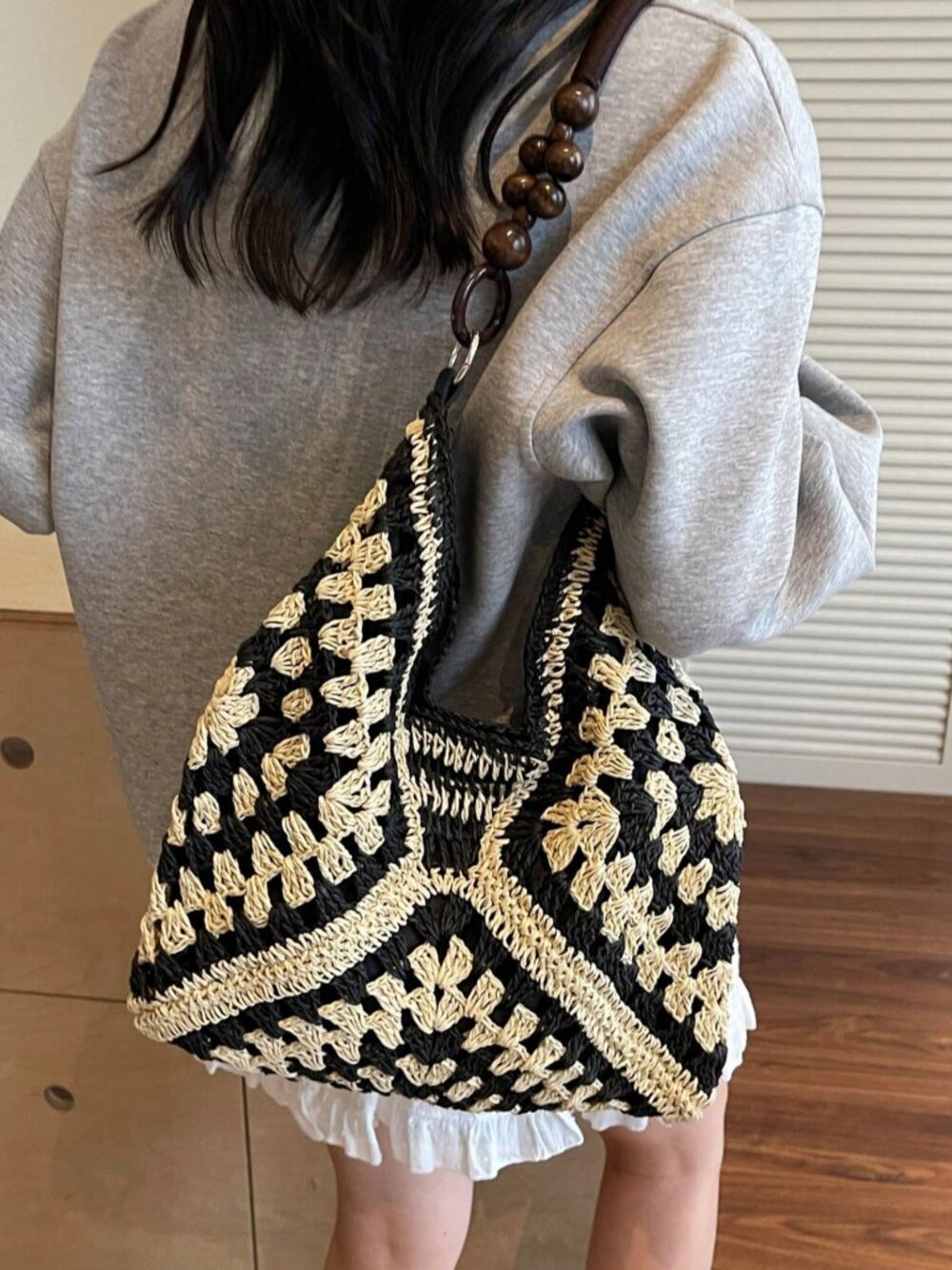 Black Casual Women's Crochet Patchwork Shoulder Bag – - Picture 3 of 8